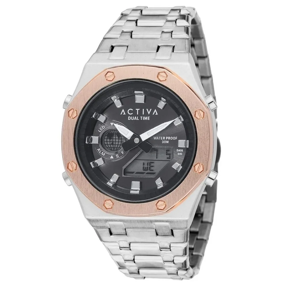 ACTIVA Dual Time Chronograph Stainless Steel Watch Rose Gold Bezel ACWM003-004